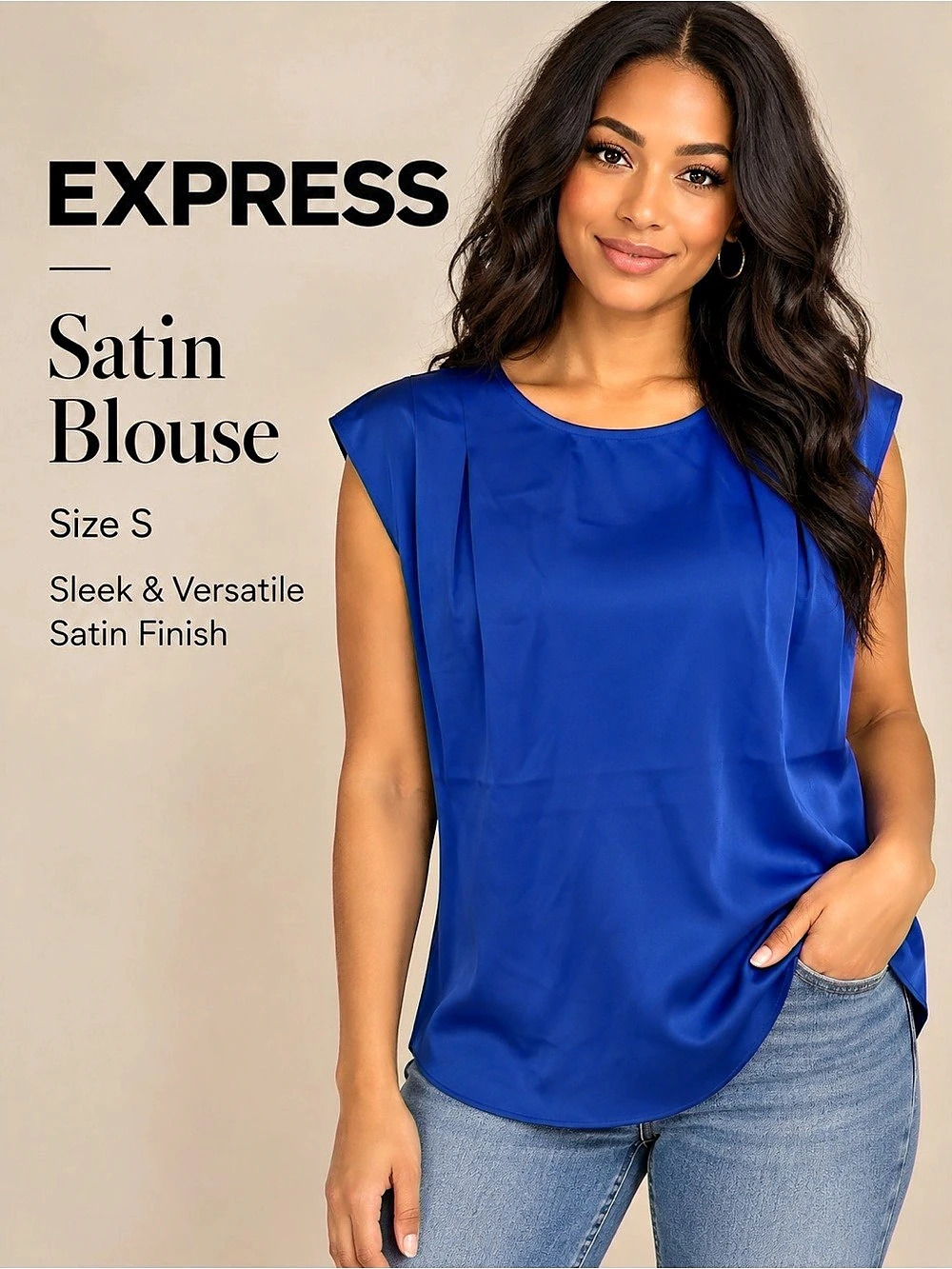 Express Blue Satin Pleated Cap Sleeve Blouse Size S NWT